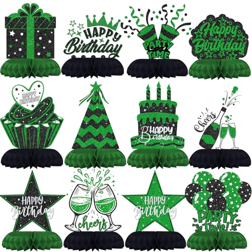 Decoraciones de fiesta de color negro y verde de panal, juego de 12 piezas para mesa de cumpleaños
