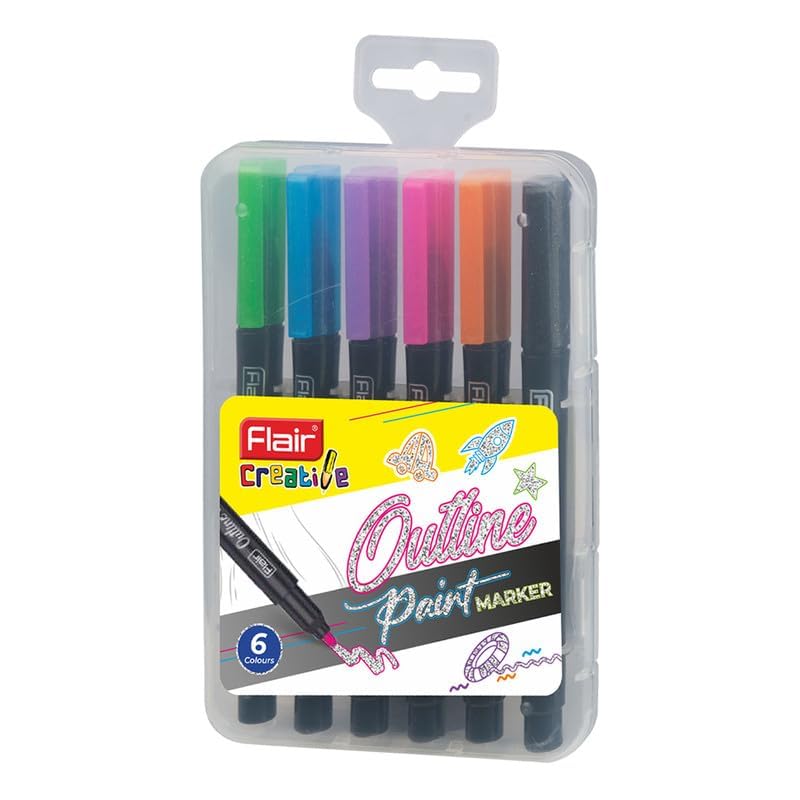 Image of FLAIR Creative Series 10 Vibrant Colourful Shades Hotline Fineliner & 6 Bright Colour Otline Pen Art Combo Pack | Ideal For Mandala, Doodling, Journal, Colouring, Painting, Multicolor