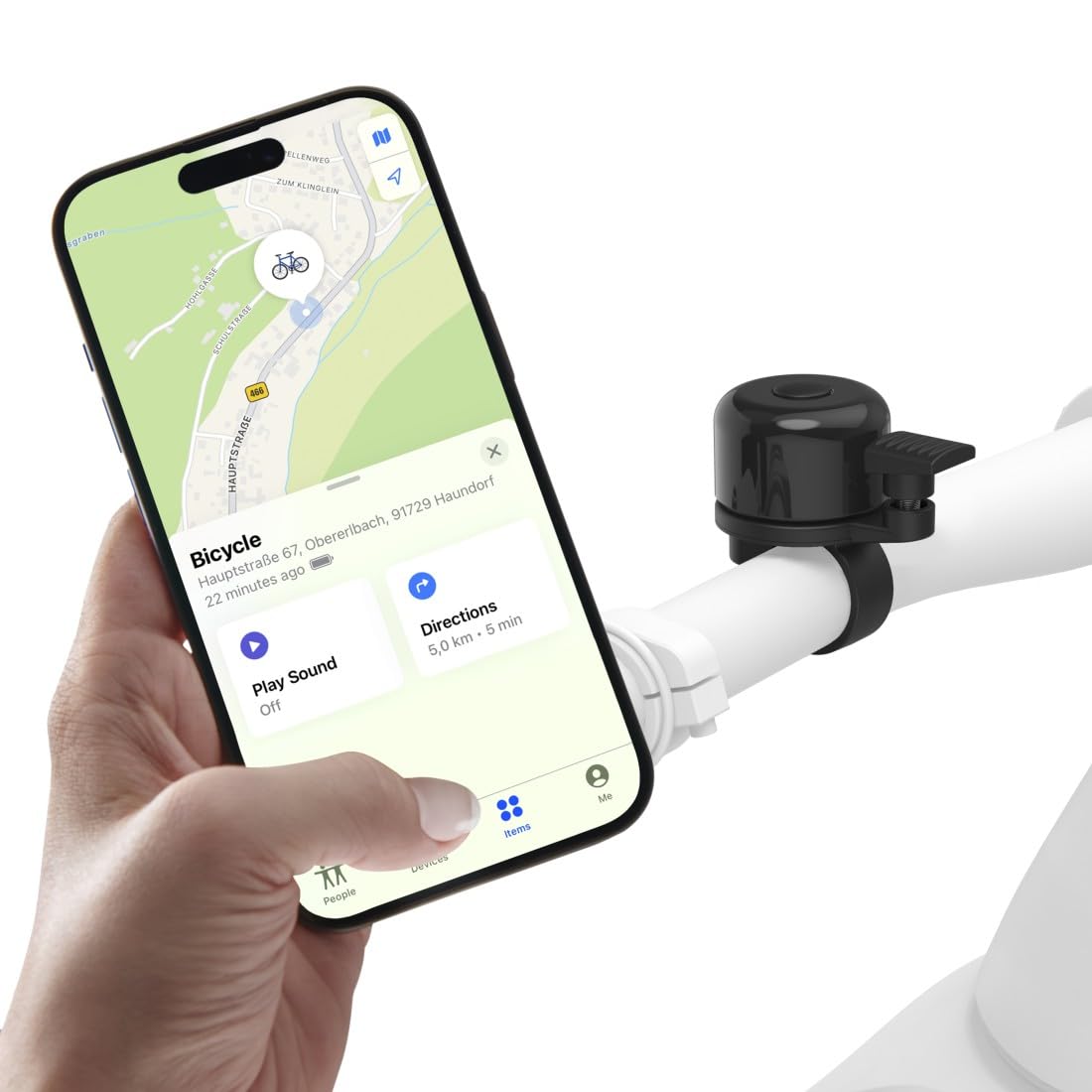 Hama Sonnette Vélo AirBell Pro avec Tag Bluetooth Intégré pour Apple (Diamètre 22.2 mm, Localisation Vélo Scooter Trotinnette Via App Find My, Avertisseur Klaxon Universel, Accessoire Sécurité) Noir