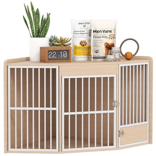 PawHut Cage d'angle pour Chien, Cage pour Chien intérieur avec Porte rotative, Table d'appoint pour Petits et Moyens, 113 x 80 x 64 cm, chêne