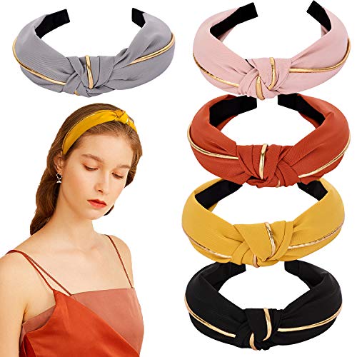 Mehayi 5 Pieces Wide Knotted Headbands for Women Girl Ladies Cotton and Cloth Hair Band for Yoga Headwrap Turban Hair Hoop Fashion Elastic Hair Accessories with Gold Line, 5 Colors