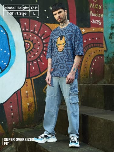 Image of The Souled Store Marvel Indie: Logo Men and Boys Short Sleeves Round Neck Embroidered Drop Shoulder Baggy Casual Streetwear Superheroes Inspired Cotton Super Oversized T-Shirt