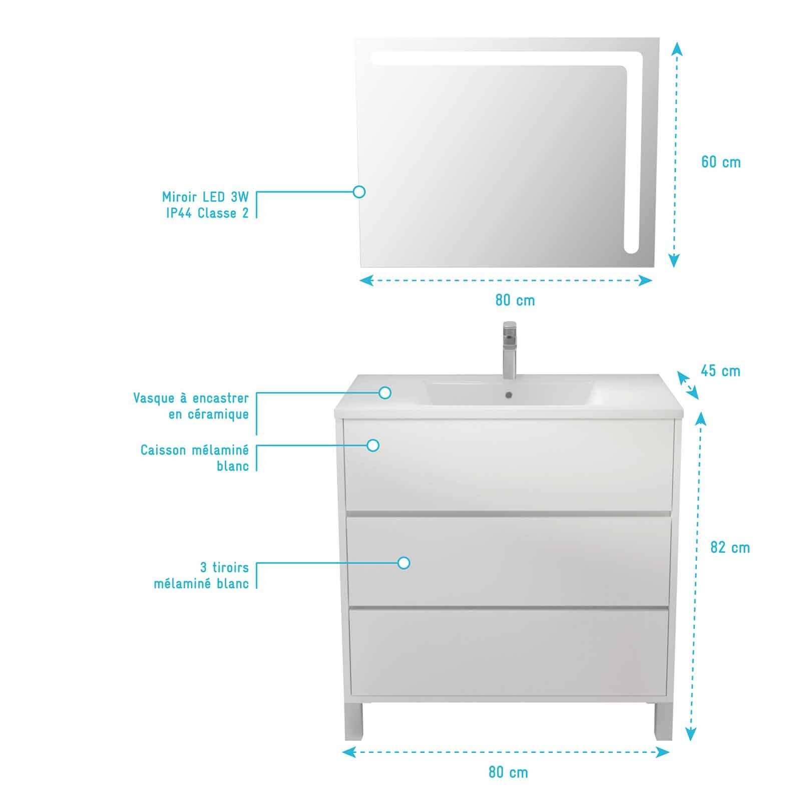 AURLANE Ensemble Meuble de Salle de Bain Blanc 80 cm sur Pied 3 tiroirs + Vasque ceramique Blanche + Miroir