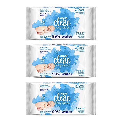Aqua Clean Baby Wipes Toallitas húmedas: 99% agua purificada, 100% biodegradable y 100% libre de plástico, paquete de 3 (72 toallitas)