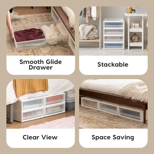IRIS USA 27 Qt. Plastic Under Bed Storage Stackable Organizer Bin Container with Sliding Organizer Drawers, 4-Pack, Multi-Purpose for Clothes Shoes Clothing Bedding, White
