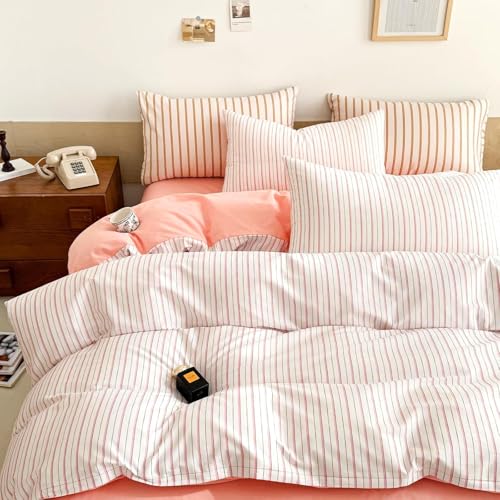 Image of EAVD Pink White Striped Duvet Cover Twin Soft 100% Cotton Pink Vertical Ticking Stripes Bedding Set with 2 Pillowcases Modern Geometric Pattern Duvt Cover with Zipper Closure
