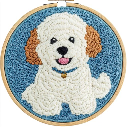 Image of DIY Punch Needle Kits Cute Poodle Dog with Hoop 20x20cm-1 | with Pattern Stamped Easy for Beginners Embroidery Punch Needle Starter Craft Set for Adults Festival Gift and Decoration