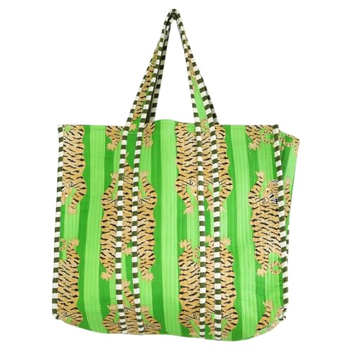 Image of YILLE Cotton Quilted Floral & Tiger Print Tote Bag, 18 x 18 inches For Grocery Shopping, Travel