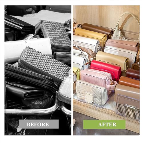 Image of Purse Organizer for Closet, Acrylic Clear Purse Storage Organizers, 2 PCS Different Size Handbag Divider Holder, 4 Sections Purse Shelf for Closet Organization