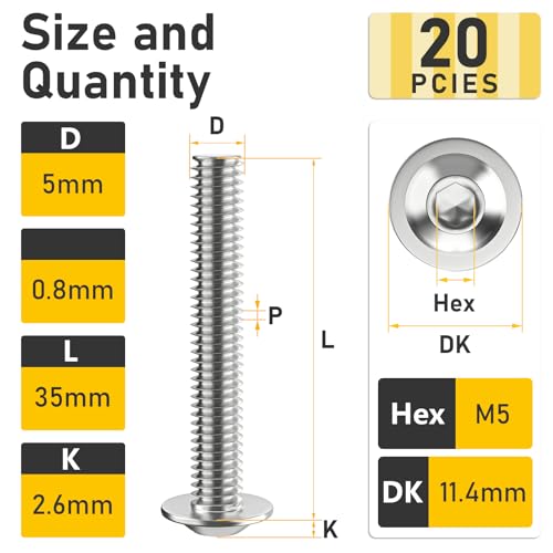 Valorada M5 Bolts, M5 x 35mm Flanged Button Head Socket Cap Screw Bolts, Allen Socket Drive, Stainless Steel 304, Full Thread, with Hex Spanner, Pack of 20