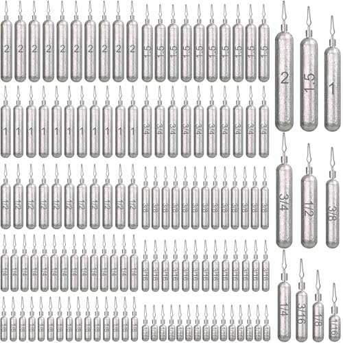 Yaocom 210pcs Drop Shot Weight Skinny Pencil Shaped Fishing Sinkers Rig for Ocean Saltwater Surf Bass Fishing Casting Gear Tackle 1/16oz, 3/16oz, 1/8oz, 1/2oz, 3/8oz, 1/4oz, 3/4oz, 1oz, 1.5oz, 2oz
