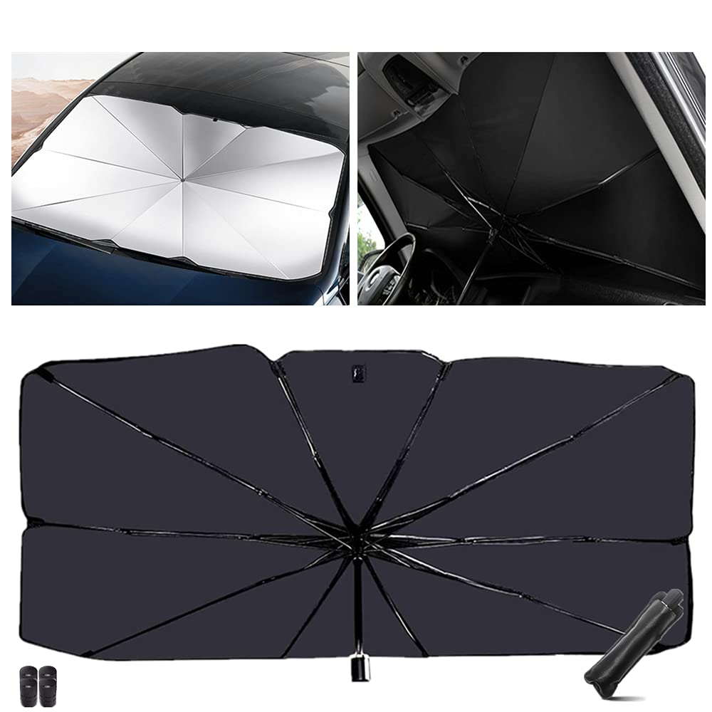 Banpo Car Foldable Windshield Sun Shade Umbrella,Block UV Rays Front Window, Fit Most Car, Sedan, SUV, Van, Trucks, 57" x 31" , Keeps Cars Cooler, Gift 4Pack Valve Stem Caps