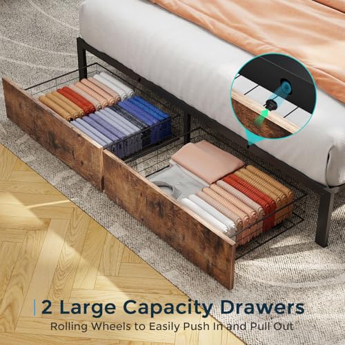 Image of Full Size Bed Frame with 2 Storage Drawers, Full Bed Frame, Vintage Brown | LED Light, Charging Station, Wood Headboard, Metal Platform, No Box Spring Needed, Noise Free, Easy Assembly