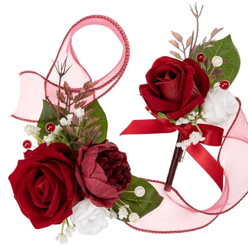 Fnize Red Corsage and Boutonniere Set for Prom Homecoming Wedding Flower