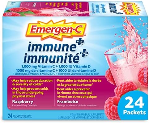 Emergen-C Immune+ 1000mg Vitamin C Powder Supplement, Drink Mix, Immune System Booster, Rasberry, 24 Packets