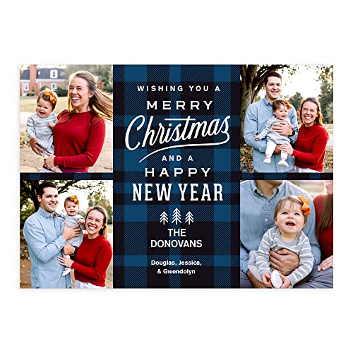 Let's Make Memories Personalized Photo Christmas Cards with Envelopes - Premium Quality - 5x7-2025 Holiday Cards & White Envelopes - Blue Plaid - 25 ct