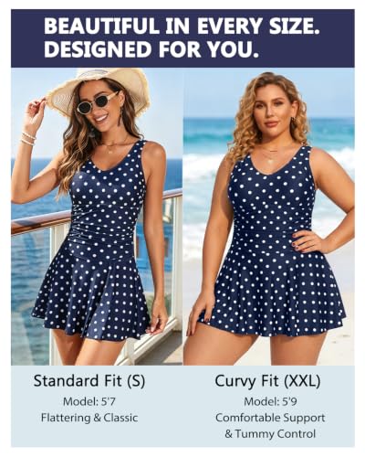 Image of Yonique One Piece Swimsuits for Women Modest Tummy Control Swimdress Vintage Bathing Suits Skirt Swimwear