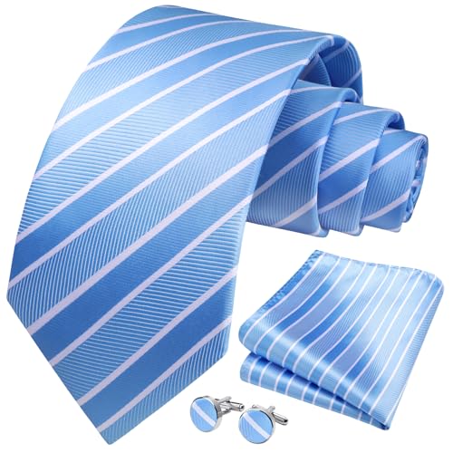 Image of HISDERN Ties for Men Stripe Plaid Tie Classic Necktie Pocket Square Cufflinks Set for Formal Wedding Business Party