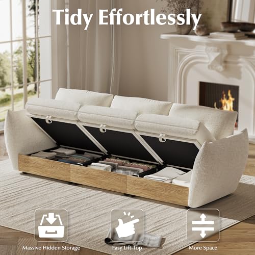 Image of 98 inch 3-Seater Cloud Couch Sectional Modular Sofa with Storage, Cotton and Linen Fabrics Modern Oversized Deep Seat Sofa with Armrest Pillow, Easy Assembly for Living Room, Apartment, Ivory