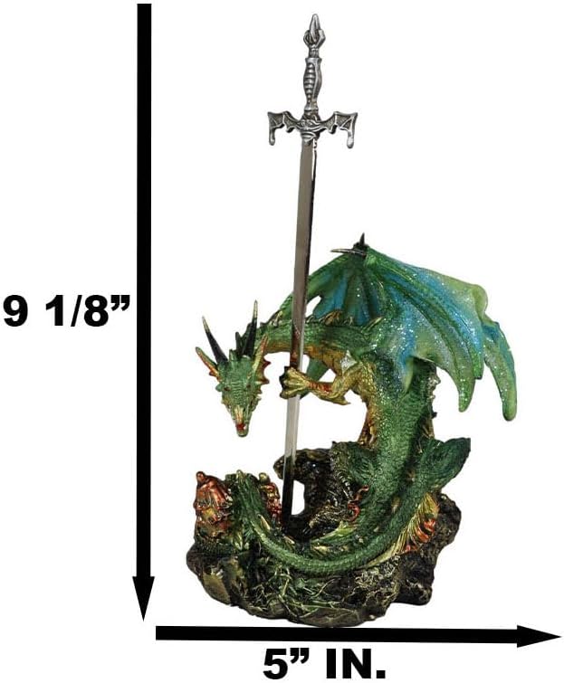 Miniatura 3 de Ebros Gift Legendario brillante verde metálico blindado centinela caballero dragón sosteniendo Tiki Murciélago espada abrecartas figura figura