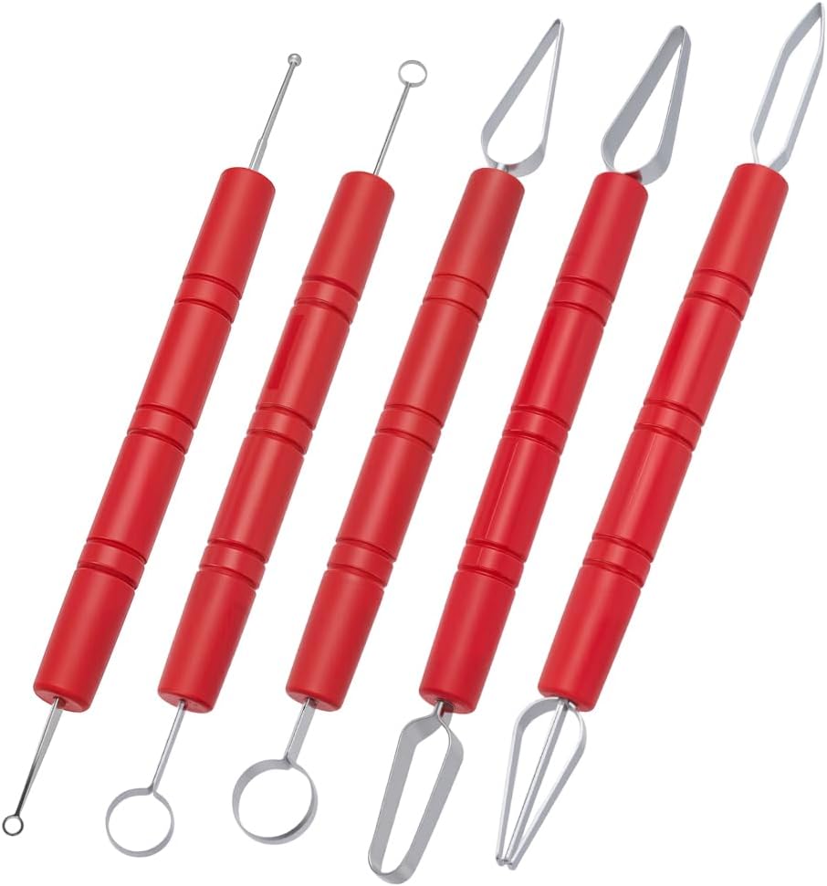 FINGERINSPIRE 5Pcs 5 Styles Stainless Steel Clay Sculpting Tool, Red Double-Ended Stainless Steel Polymer Clay Tools Pottery Sculpting Molding Tools for Carving, Ceramics, Molding, DIY