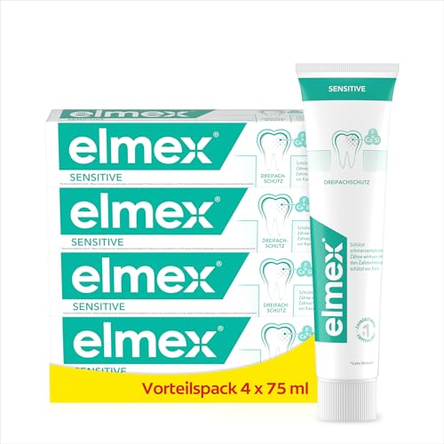 elmex Zahnpasta Sensitive 4x75ml – sanfte Zahnreinigung und Schutz für schmerzempfindliche Zähne – klinisch bestätigt für starke Zähne und gegen Karies