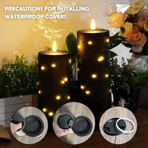 Image of kakoya 10 inch x 4 inch Large Outdoor Waterproof Flickering Flameless Candles with Timer,2Pcs Battery Operated LED Pillar Candles with Embedded Star String for Outdoor Lanterns,Porch,Patio Decor(Black)