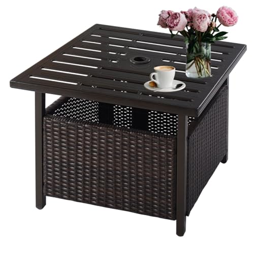 Nightcore Rattan Umbrella Side Table Bistro Wicker Side Table with Storage Slot Patio Umbrella Side Table Stand with 157 Umbrella Hole Outdoor Leisure Coffee Table for Garden Poolside Deck