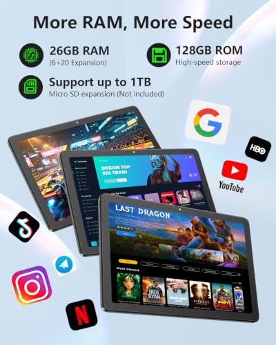 Image of Tablet Android 16 with 26GB RAM+128GB ROM, 10 inch Tablet with 7000 mAh | Android 16 OS Gemini AI Google GMS Certified T606 Octa-Core 26GB RAM 128GB ROM 10.1 inch HD Wi-Fi 6 BT 5.0 GPS 7000mAh Battery
