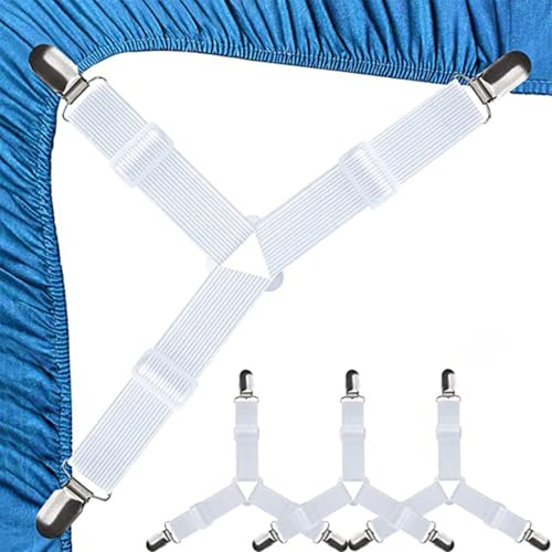 ZZHBOO 4 Pince pour Drap de Lit, Attache Drap Housse Ajustable avec Pinces Métalliques, pour Fixer les Draps, les Housses, les Nappes de Table et les Tentes,...