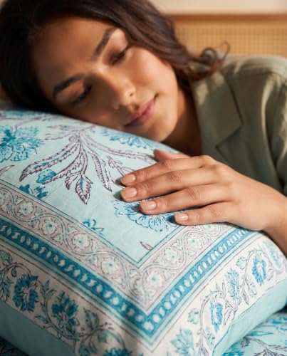 Image of Naksh Queen Size Bed Sheet Sky Blue Floral Print 2 Pillow Covers | Sky Blue Botanical Floral Print | Heritage Design for Queen Size Bedrooms