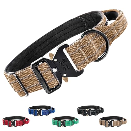 Image of Tuff Pupper Tactical Dog Collar | Heavy Duty 1.5 inch Wide Ballistic Nylon | Training Control Handle | Quick-Release Metal Buckle | Reflective Bands | ID Tag Holder | Padded Inner Lining (Tan, Medium)