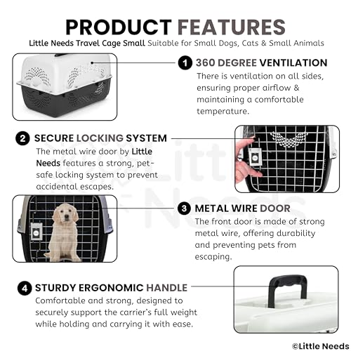 Image of Pet Travel Carrier for Cats and Small Dogs (Grey, 49 x 33 x 31 cm) | Portable Ventilated 18 inch Small Cage and Kennel House with Spring Locking System & Easy-Carry Handle for Safe Travel