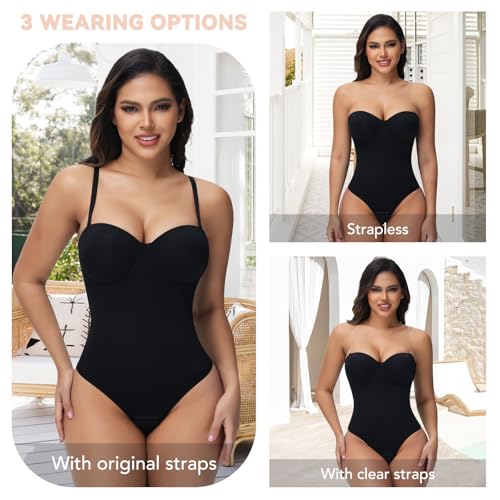 SHAPERIN Women's Tummy Control Shapewear Bodysuits Strapless Low Back Body Shaper with Built-in Bra & Removable Straps3