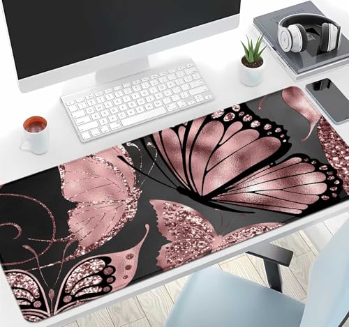 Image of IMAYONDIA Gaming Mouse Pad for Women, Large Non-Slip Rubber Base Mousepad with Stitched Edges, Keyboard Mouse Mat Desk Pad for Work, Game, Office, 31.5x11.8 Inch - Rose Gold Glitter Foil Butterfly