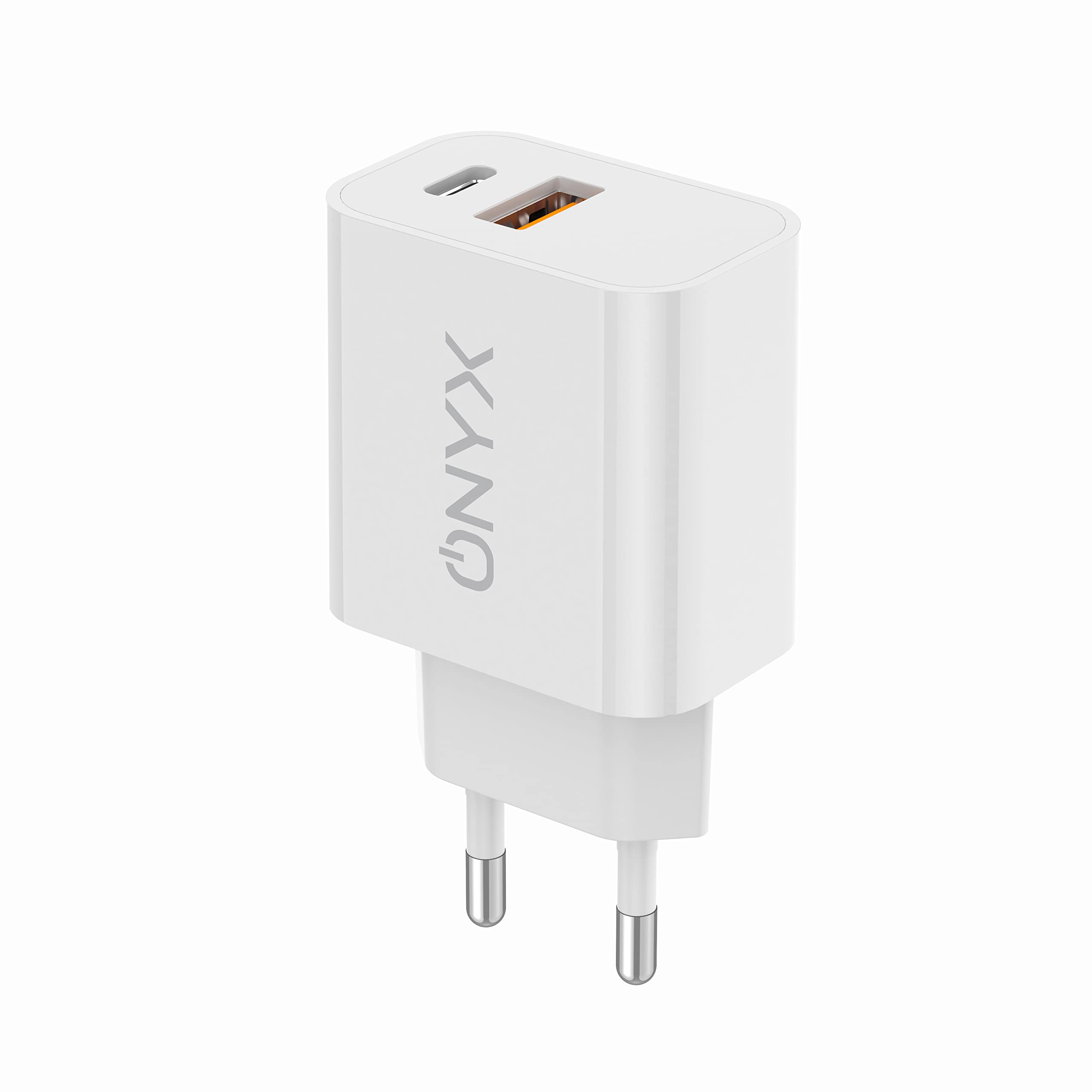 ONYX Caricatore iPhone 25W – USB-C + USB-A con ricarica rapida PD e QC | Caricabatterie rapido da muro per iPhone, iPad, Samsung | Alimentatore compatto universale | Caricatore usb c Android