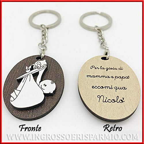 Ingrosso y ahorro 20 llaveros ovalados de madera con aplicación Cigüeña y Bebé, personalizables con nombre, detalles para nacimiento, niño, niña (con personalización-sin caja)