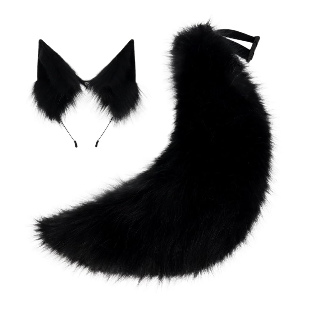 QinRuan Faux Fur Wolf Ears Headband Furry Dog Tail Set Animal Coustume Cospaly Halloween Party, 1-black, One Size