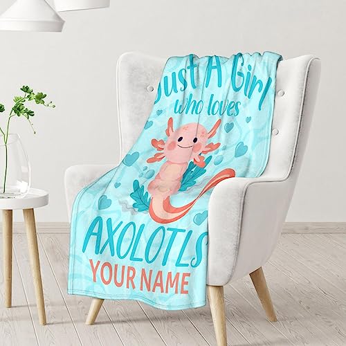 Girl Blanket - 50x60 Inches Personalized Cute Axolotl Throw - Blue Soft Fuzzy Blankets for Bed, Couch & Living Room