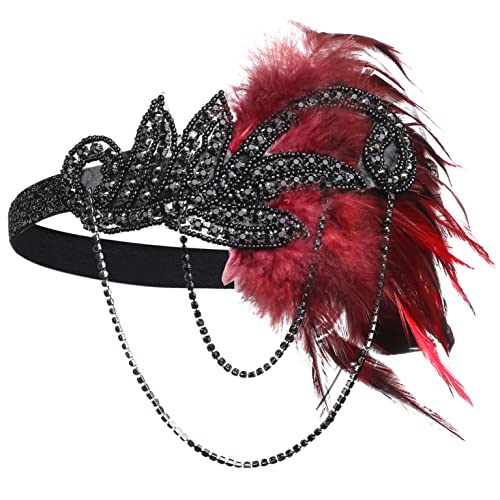 BABEYOND Serre-tête style années 1920 avec plumes Gatsby le Magnifique Noir/rouge