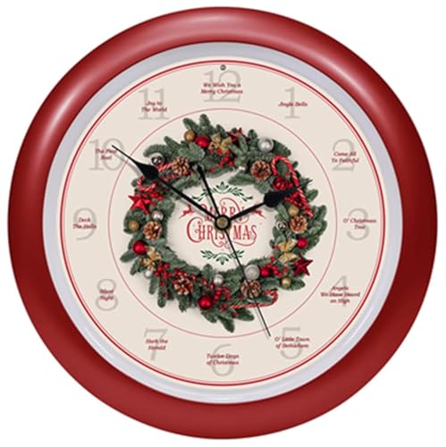 Mark Feldstein & Associates Traditional Christmas Holiday Wreath Carol Sound Clock 13 Inch Red