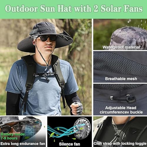 Image of Solar Fan Hat,Wide Brim Solar Fan Outdoor Fishing Hat,Mens Sun Hat with 2 Fan, Waterproof Outdoor Hiking Camping Fishing Hat(Grey)