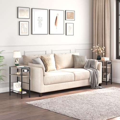 Image of HOOBRO Small Narrow Side Table with Charging Station Set of 2, Skinny End Table for Small Spaces, Slim Nightstand with USB Ports Outlet, Sofa Beside Table with Storage Shelf BG102UBZP201