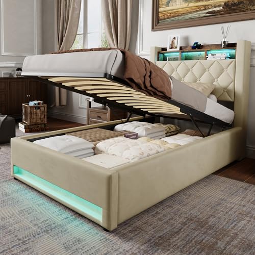 Dzaayediiy Cama con somier de 90 × 200 cm con cajón, cama tapizada con espacio de almacenamiento, diseño seguro con bordes acolchados, color beige