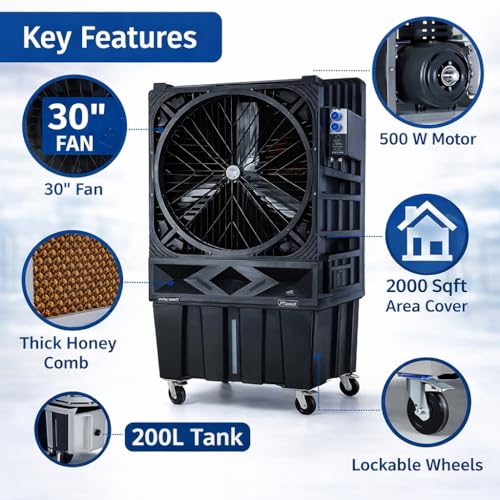 Image of Everest 200 Desert Air Cooler Commercial 3000 sqft | 13000 m /h Airflow | 30 Inch Fan | 100mm Honeycomb Pads | 500W High Performance Cooler for Large Rooms, Halls, Warehouses & Outdoor Use (Black)