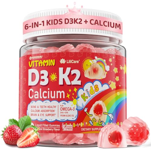 Vitamin D3 K2 + Calcium Liquid-filled Gummies for Kids & Teens 1000IU / 2000IU D3 with Magnesium Algal Omega 3 Kids Vitamins for Bones & Teeth Calcium Absorption Brain Immune Sugar-Free 60Cts