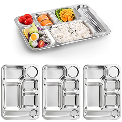 Fasmov 4 Pack Stainless Steel Rectangular Divided Dinner Tray 6 Sections Stainless steel Metal Plate for Adults Picky Eaters Campers and Portion Control