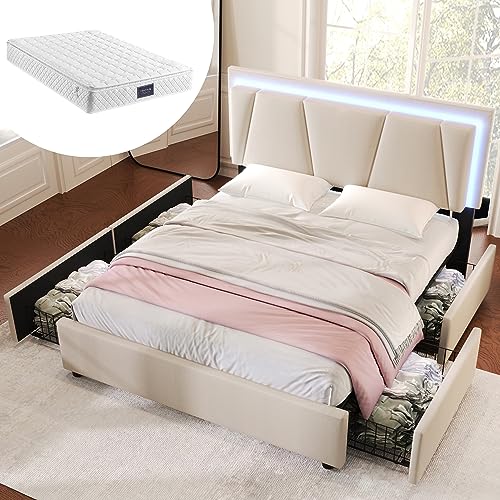 Arhatreya Cama tapizada de 160 × 200 cm, cama doble con iluminación LED, cama de almacenamiento con 4 cajones, marco de cama con somier, cama para adolescentes adultos (con colchón) beige lino