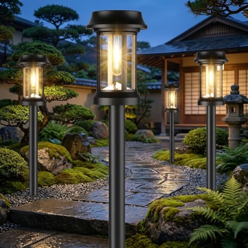 Eyrosa Luces solares de camino, paquete de 8 luces solares de vidrio para exteriores, luces solares de poste para...