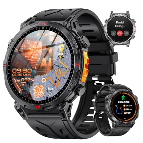 Rmana GPS Smartwatch Herren,2025 Militär Smartwatch Sportuhr mit Telefoniefunktion, 1.6 Zoll AMOLED Fitnessuhr,ChatGPT/AI/5 GPS-Sportmodi/über 100 Sportmodi Sportuhr für Android iOS (Schwarz Silikon)